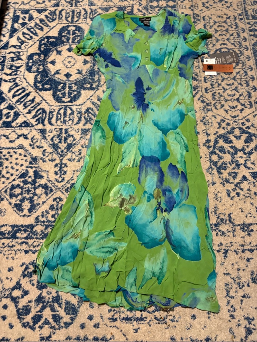 Carole Little Lime Green Maxi Dress with Blue Floral Print - Picture 5 of 6